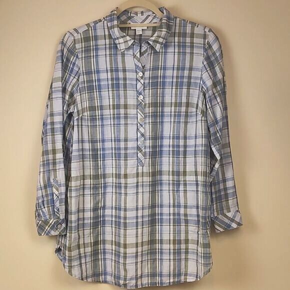 J. Jill Love Linen Roll Tab Sleeve Plaid Popover Tunic Blouse Top Size SP - Picture 1 of 11